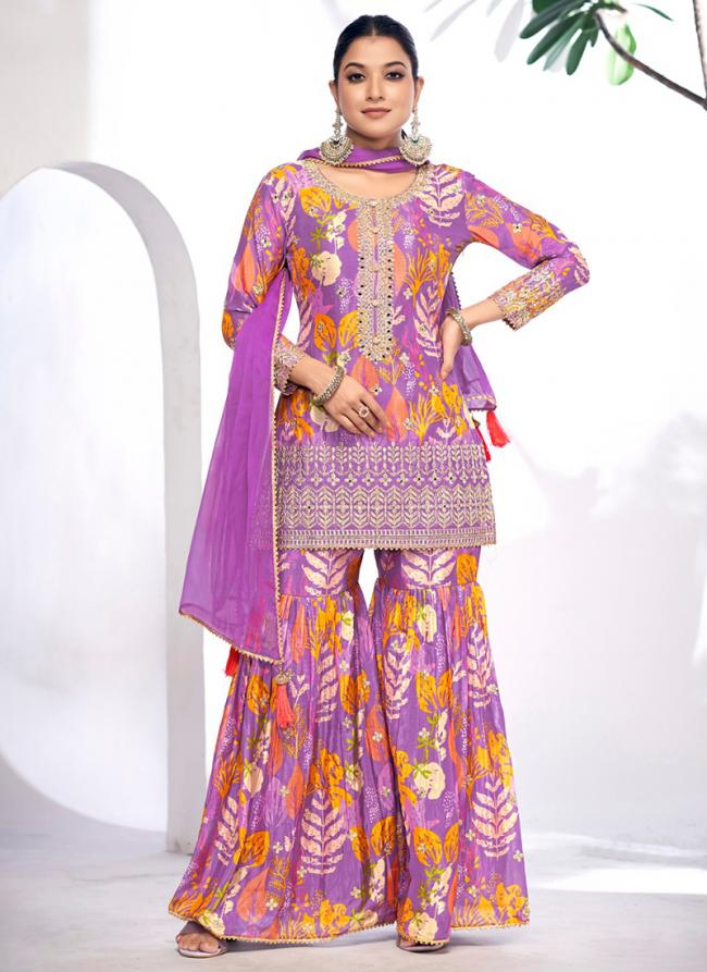 Chinnon Purple Party Wear Digital Printed Readymade Sharara Suit